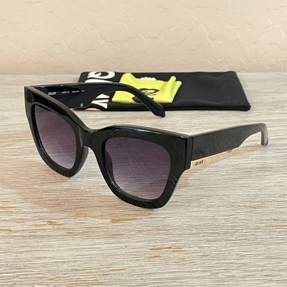Quay Australia Sunglasses By The Way Black Cateye with Pouch and Cloth